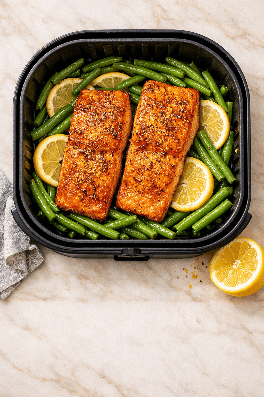 Air Fryer Lemon Pepper Salmon with Green Beans — Ready in 20 Minutes