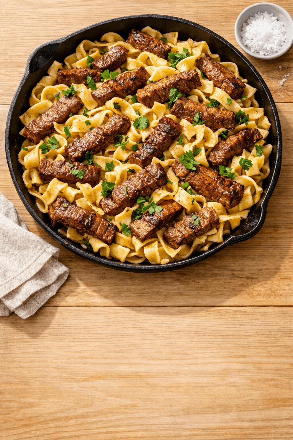 Garlic Butter Steak Strips with Egg Noodles — Dinner in 25 Minutes