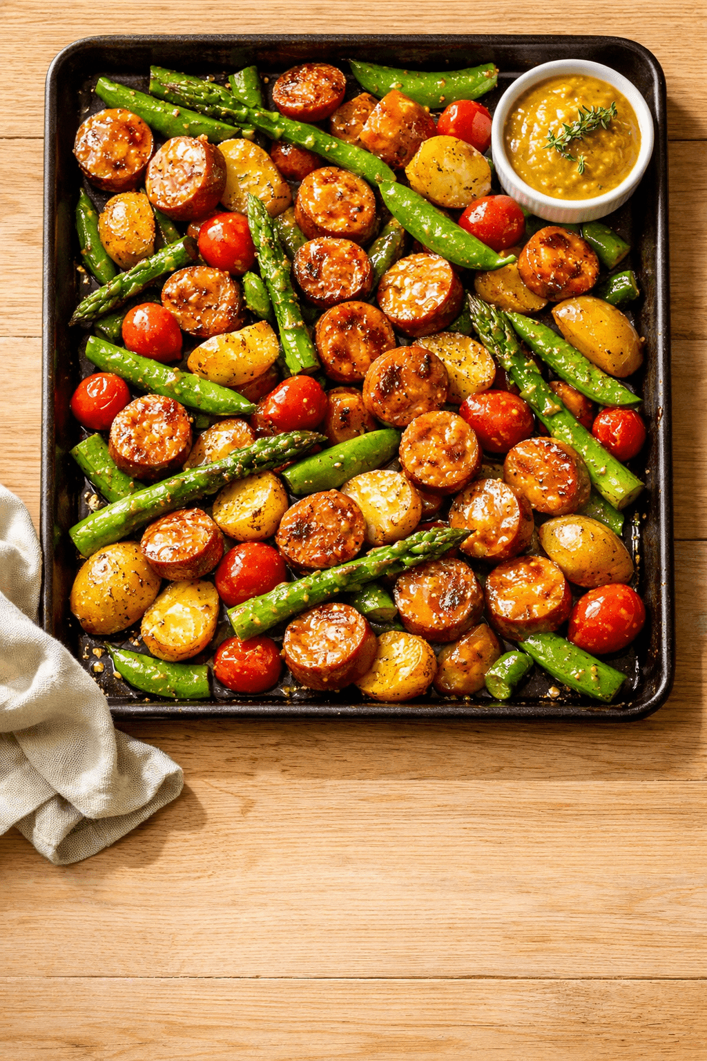 30-Minute Sheet Pan Chicken Sausage with Spring Vegetables and Mustard Glaze