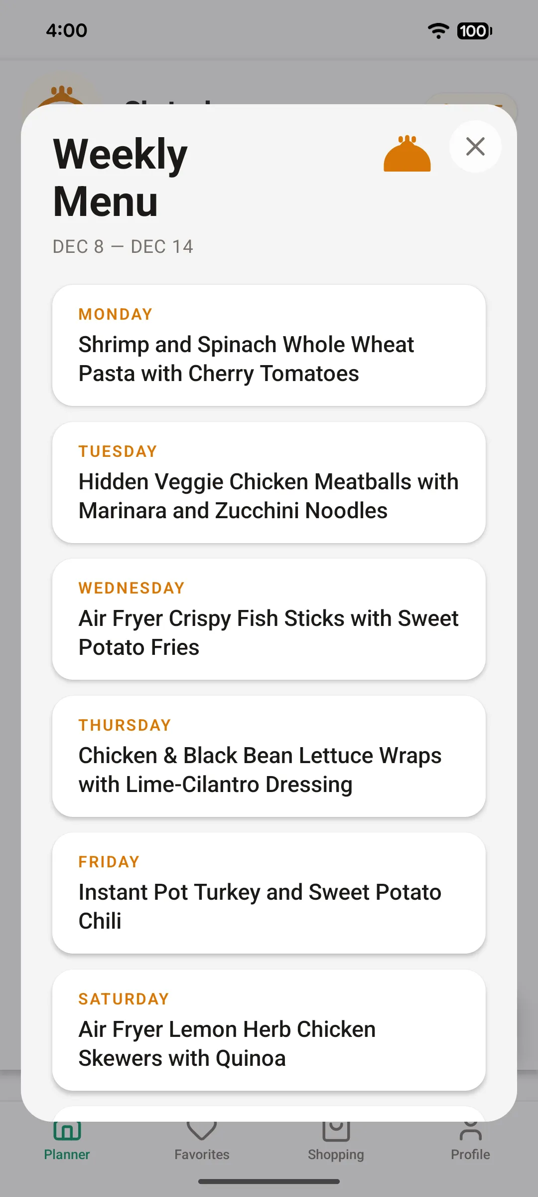Slated app showing a ready-made weekly meal plan with dinner recipes for each night