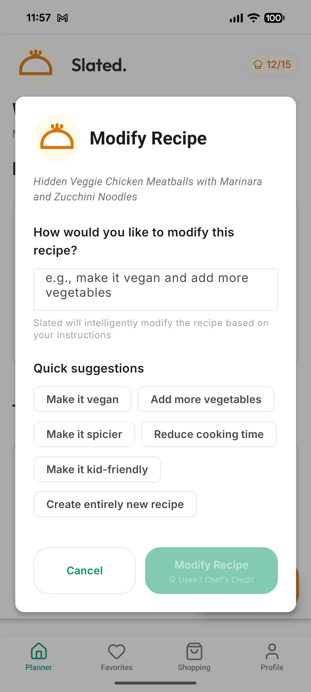Adjusting a recipe in the Slated meal planning app using natural language