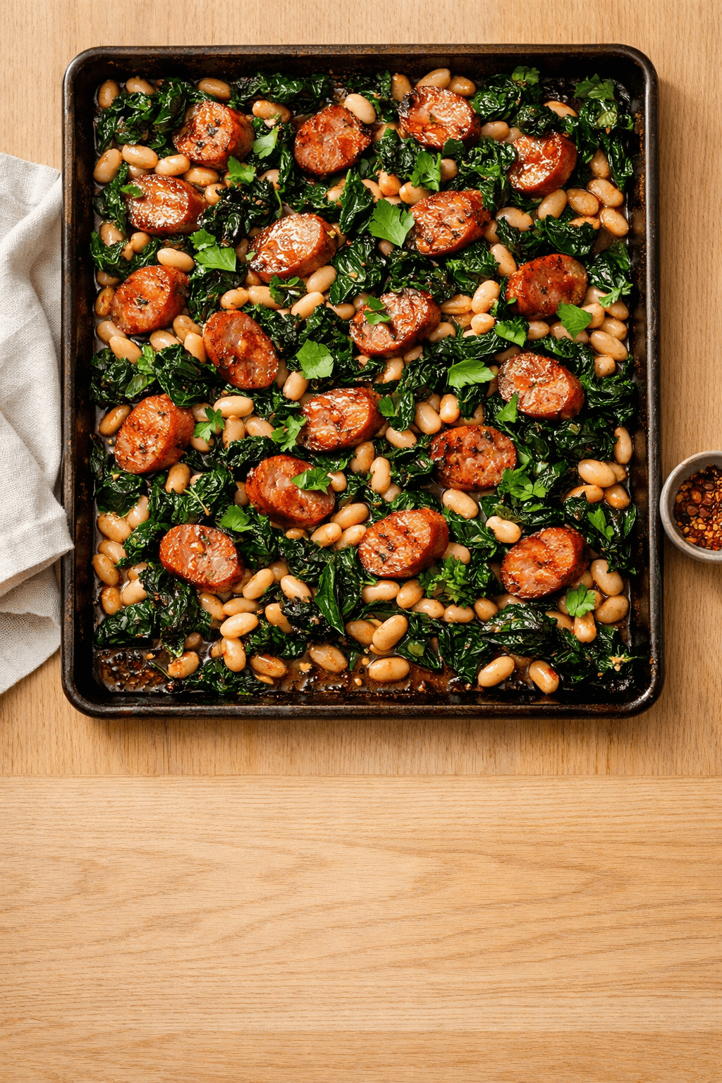 Sheet Pan Sausage with White Beans and Kale — Easy Weeknight Dinner