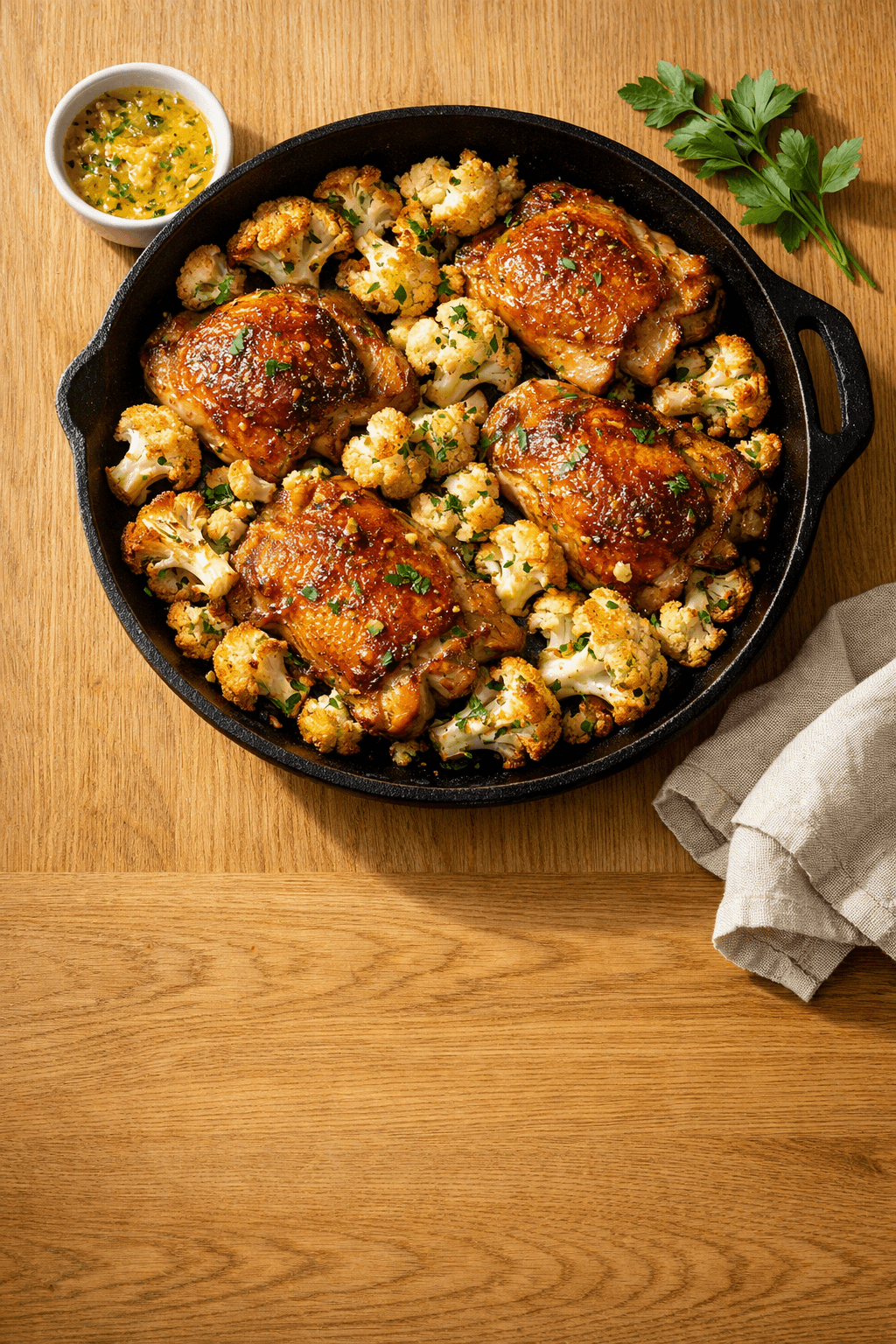 Skillet Chicken Thighs with Roasted Cauliflower and Garlic Butter — A High Protein Dinner Ready in 40 Minutes